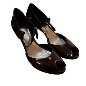 Ann Taylor dark brown/black patent leather platform high heel peep toe shoes 8M